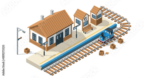 Charming isometric train station with platform and steam engine