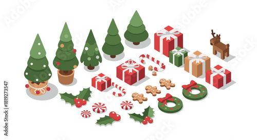 Festive isometric christmas elements with trees, gifts, and decorations