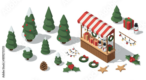 Isometric holiday market with festive decorations and christmas trees