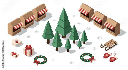 Isometric christmas market stalls with trees and holiday decorations