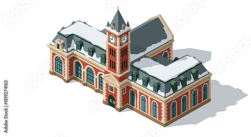 Historic brick train station with clock tower and snowy roof in isometric view