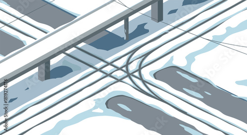 Isometric winter urban landscape with highways and snowy roads