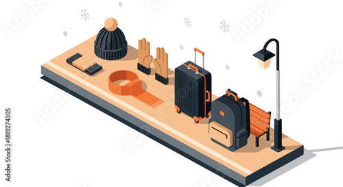 Isometric winter travel essentials with suitcase and warm clothing
