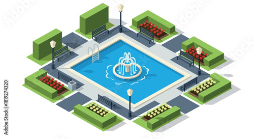 Isometric park design with pool and fountain surrounded by benches and greenery