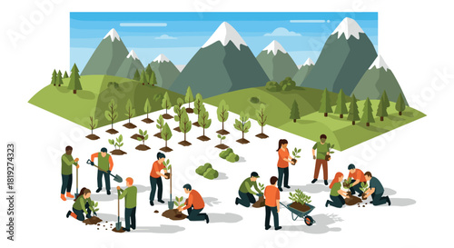 Community tree planting in mountain landscape with volunteers and seedlings