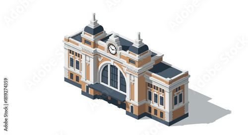 Historic train station in elegant isometric design with clock tower