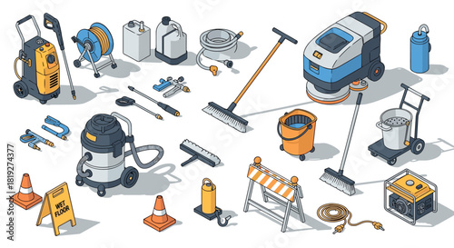 Isometric cleaning equipment collection with floor machines and safety signs