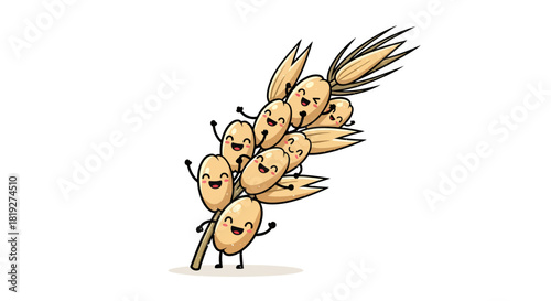 Happy oat grains with cartoon faces cheerfully waving on a playful illustration isolated