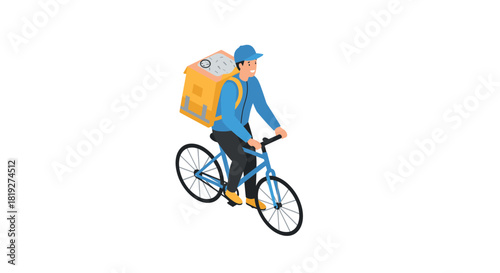 Isometric delivery cyclist with backpack riding bicycle on white background