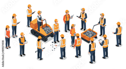 Construction crew collaboration with heavy machinery in isometric style
