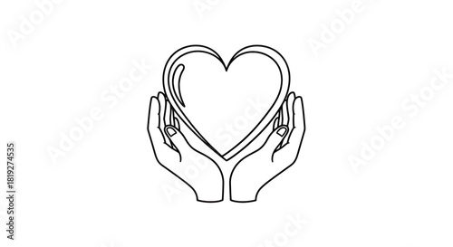 Hands cradling a heart symbol offering affection and support in black and white design