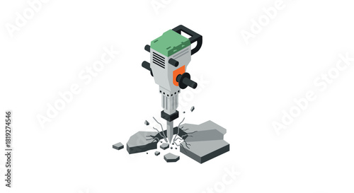 Isometric jackhammer breaking concrete with vibrant colors