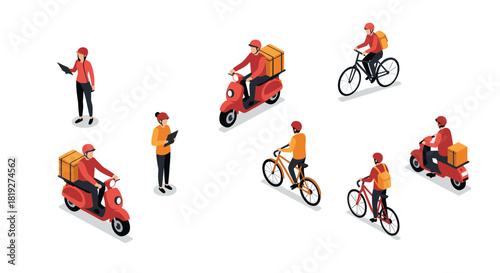 Isometric delivery service set with couriers on bicycles and scooters