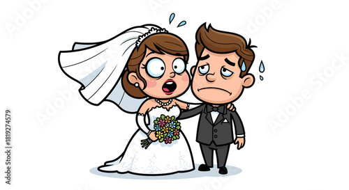 Humorous wedding cartoon depicting a bride's anxiety and groom's dismay reaction