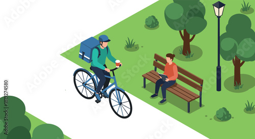 Isometric urban park scene with cyclist and seated man
