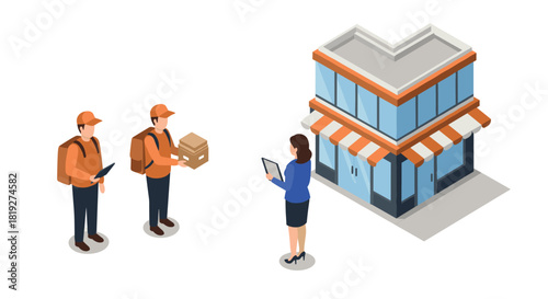 Isometric delivery service concept with couriers and business interaction
