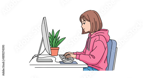Illustration depicting a young woman working at a computer in a home office setting