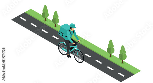Delivery rider cycling on road in isometric style with trees and green landscape