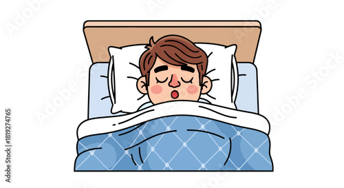 Illustration of a young man sleeping soundly in a comfortable bed with soft bedding