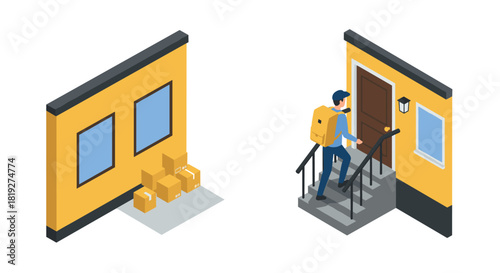 Delivery person approaching house with packages in isometric style