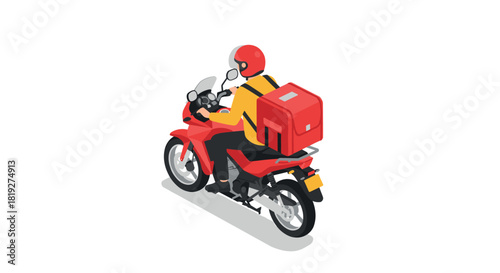 Isometric delivery rider on red motorcycle with cargo box