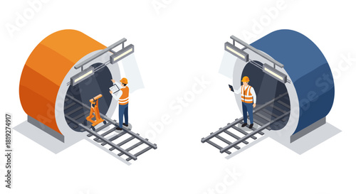 Isometric construction tunnels with engineers and survey equipment