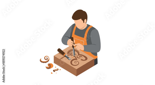 Isometric woodworker carving detailed patterns on wooden block