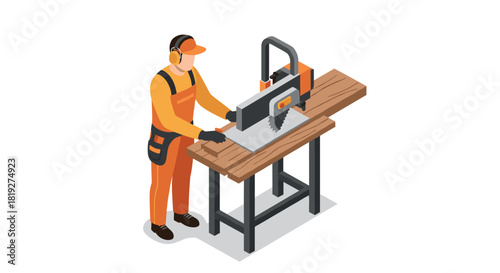 Worker operating circular saw at workbench in isometric style
