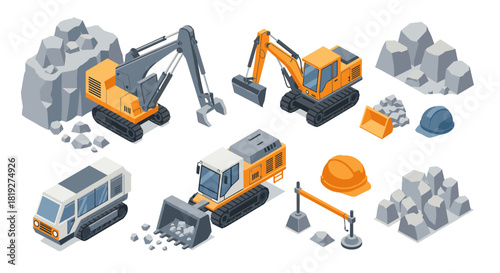 Construction machinery and equipment in isometric style with excavators and bulldozers