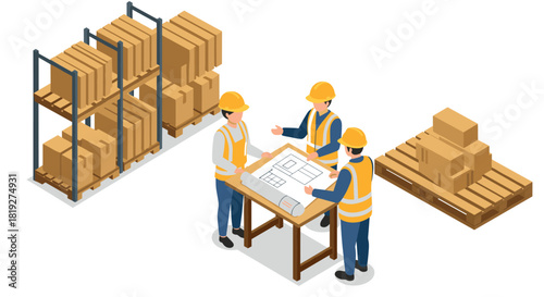Isometric warehouse team discussing logistics and supply chain plans