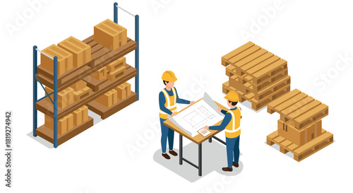 Isometric warehouse planning scene with workers and boxes for logistics and supply chain management
