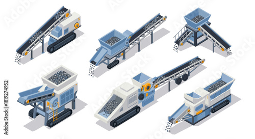 Industrial machinery set with detailed isometric construction equipment on white background