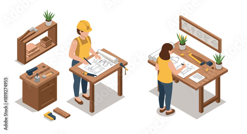 Isometric design of architects in office with blueprints and tools