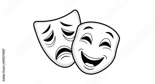 Illustrative portrayal of contrasting emotions through theatrical masks in black and white