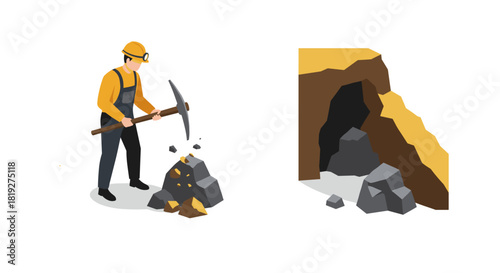 Miner with pickaxe working near cave entrance in isometric design