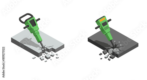 Isometric green jackhammers breaking concrete blocks in minimalist design