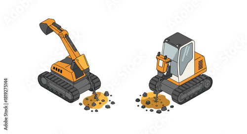 Construction vehicles in action: detailed isometric excavator and drill on white background