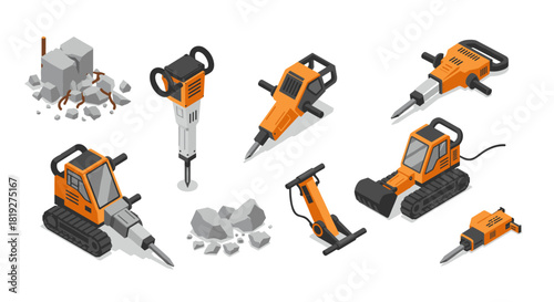 Isometric construction tools set with jackhammers and drills on white background