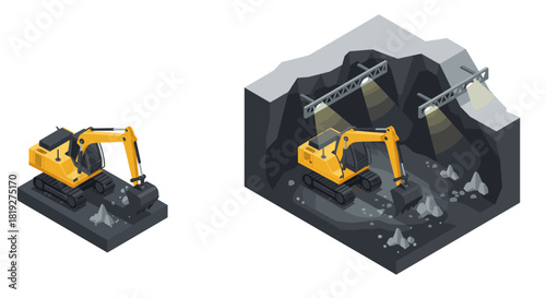 Isometric excavator in rock tunnel scene with overhead lighting