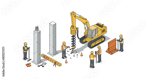Isometric construction site with workers and machinery in action