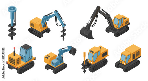 Isometric construction equipment set with excavators and drilling machines