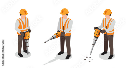 Isometric construction workers using jackhammers in safety gear