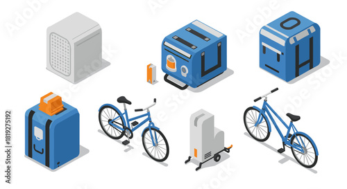 Isometric bicycle delivery with boxes and backpacks in blue and gray theme