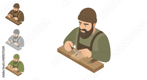 Isometric woodworker carving wood with chisel and hammer