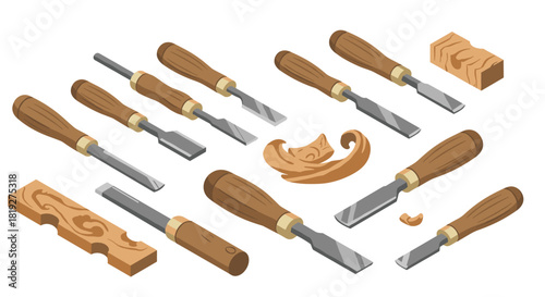 Set of wood carving chisels and decorative elements on white background