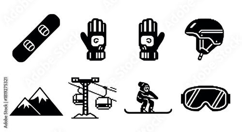 Pixel art winter sports icons: snowboarding, skiing, and gear