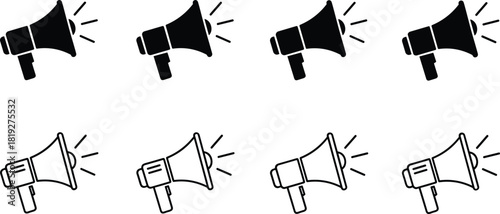 Set of black megaphone icons in solid and outline styles, representing announcement, advertising, communication, marketing, and public speaker symbols.
