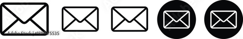 Set of black and white email envelope icons in outline and solid styles, representing communication, message, mail, and web contact symbols.