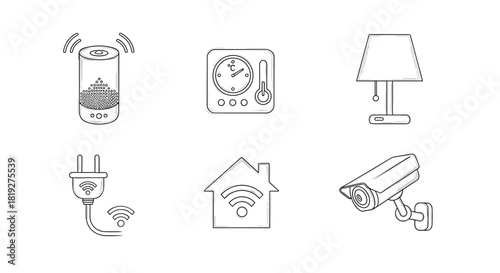 Smart home gadgets: energy control, automation, and security in minimalist line art style