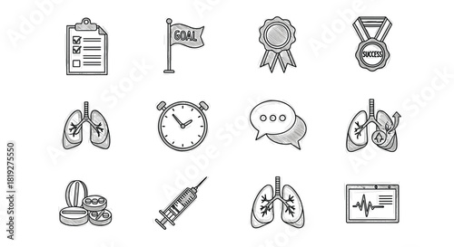 Medical and achievement icons: linear drawings of lungs, trophies, and supplies